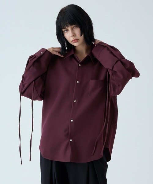 【未使用】SREU スリュー パッチワークデザイン シースルーシャツ 黒 VELNUS】2way cord design loose regular collar shirt / 2way