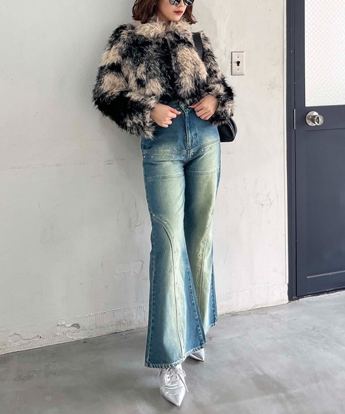 SPIRALGIRL（スパイラルガール）の「オーバーダイスタッズデニム（デニムパンツ・レディース・ブラック/ブルー・MEDIUM/SMALL）」の6枚目の写真