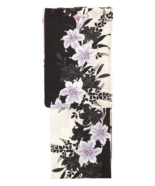 浴衣セット レディース モノトーン萩百合 ゆかた3点セット 浴衣 平帯