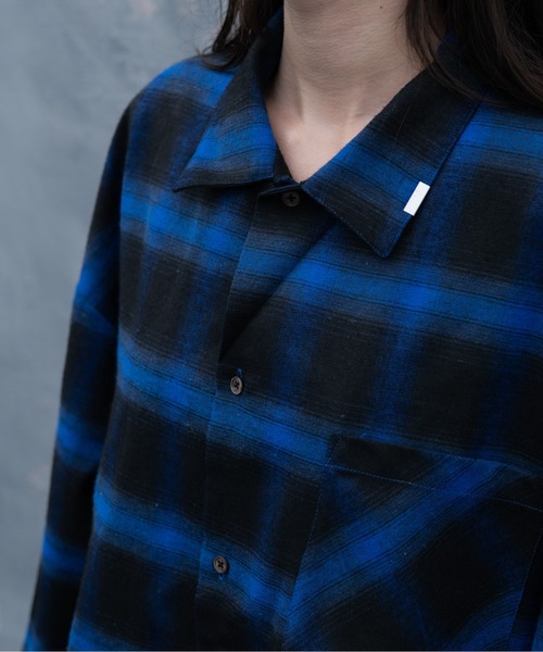 needles オンブレチェックシャツ カットオフ S 黒　青 セール】しの - Cut Off Ombre Check Flannel Shirts / カットオフ