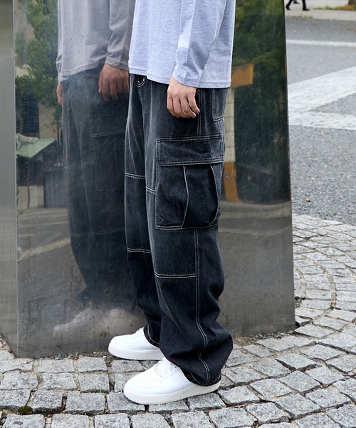 GLAZOS（グラソス）の「デニム・ダブルニーカーゴパンツ（その他パンツ・キッズ・ライトブルー/ブラック・S/M/L/LL）」の2枚目の写真