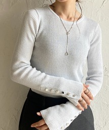 袖ボタンクルーネックタイト長袖ラメリブニット