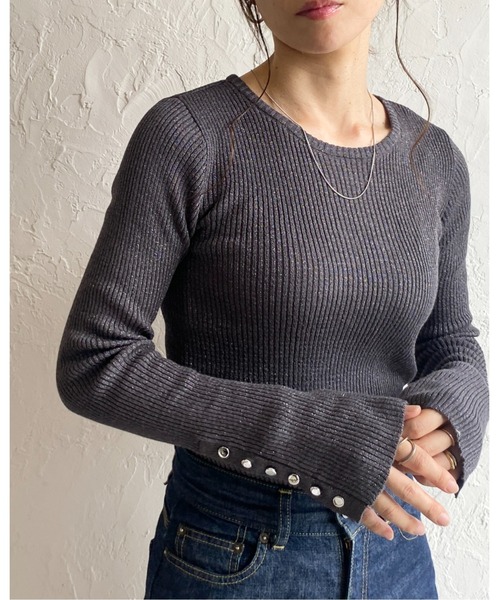 セール】袖ボタンクルーネックタイト長袖ラメリブニット（ニット