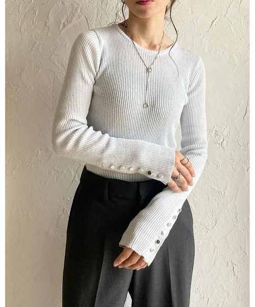 セール】袖ボタンクルーネックタイト長袖ラメリブニット（ニット