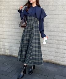 【低身長用サイズ有】ケープ風チェック柄ドッキングフレアロングワンピース [大人 フェミニン]≪再入荷≫