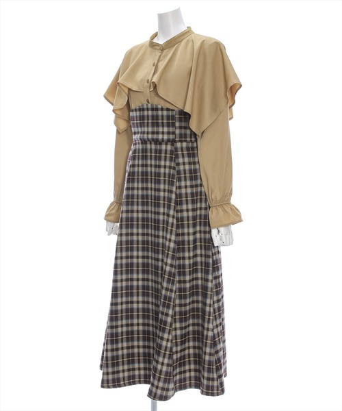 clear（クリア）の「【低身長用サイズ有】ケープ風チェック柄ドッキングフレアロングワンピース [大人 フェミニン]≪再入荷≫（ワンピース・レディース・ブラウン/ネイビー・F/XS）」の6枚目の写真
