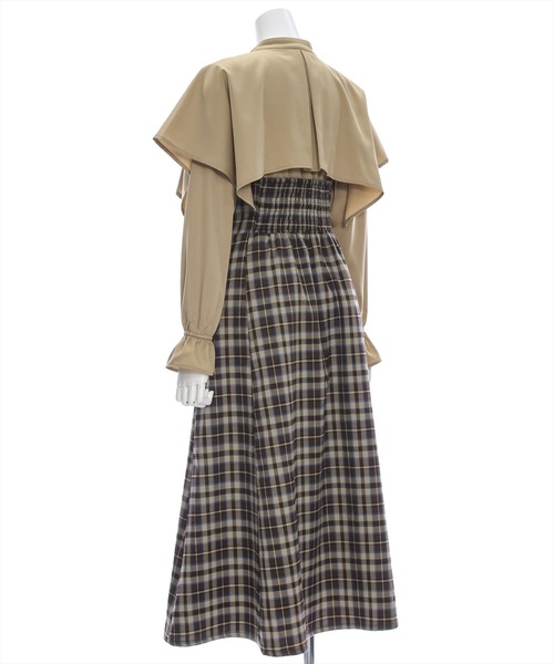 clear（クリア）の「【低身長用サイズ有】ケープ風チェック柄ドッキングフレアロングワンピース [大人 フェミニン]≪再入荷≫（ワンピース・レディース・ブラウン/ネイビー・F/XS）」の8枚目の写真
