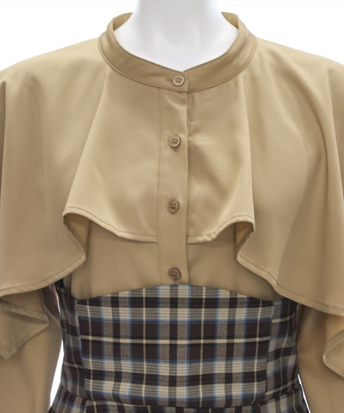 clear（クリア）の「【低身長用サイズ有】ケープ風チェック柄ドッキングフレアロングワンピース [大人 フェミニン]≪再入荷≫（ワンピース・レディース・ブラウン/ネイビー・F/XS）」の10枚目の写真