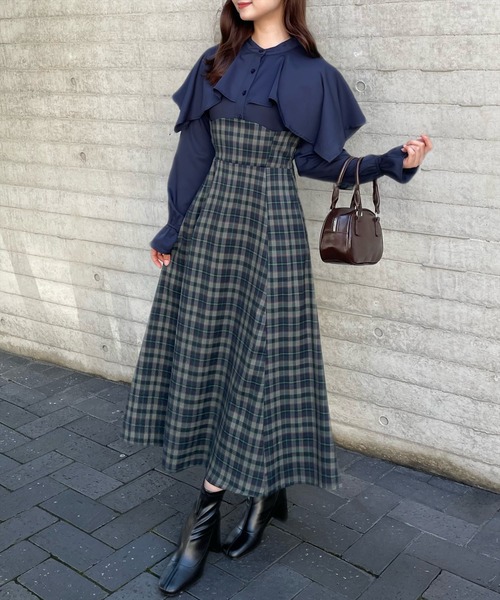 clear（クリア）の「【低身長用サイズ有】ケープ風チェック柄ドッキングフレアロングワンピース [大人 フェミニン]≪再入荷≫（ワンピース・レディース・ブラウン/ネイビー・F/XS）」の3枚目の写真