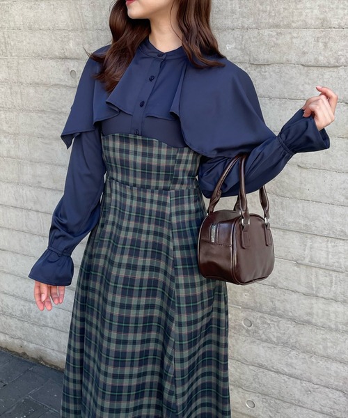 clear（クリア）の「【低身長用サイズ有】ケープ風チェック柄ドッキングフレアロングワンピース [大人 フェミニン]≪再入荷≫（ワンピース・レディース・ブラウン/ネイビー・F/XS）」の5枚目の写真