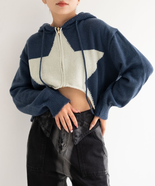 dispark（ディスパーク）の「DISPARK/スターニットカーブヘムZIPパーカー（カーディガン/ボレロ・レディース・ネイビー/チャコール・FREE）」の16枚目の写真