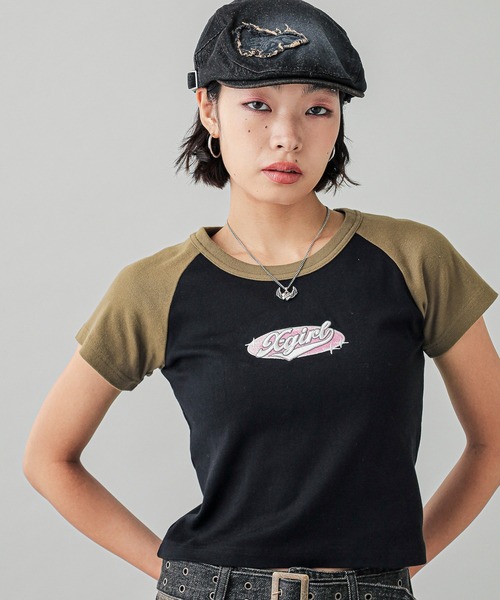 X-girl エックスガール OVAL LOGO EMBROIDERY RAGLAN S/S BABY TEE オーバルロゴ エンブロイダリー ラグラン 半袖ベビーT 105251011005 / 2025SUMMER / セール】OVAL LOGO EMBROIDERY RAGLAN S/S BABY TEE（Tシャツ