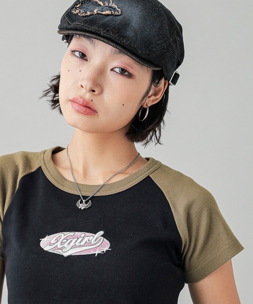 X-girl(エックスガール)の「OVAL LOGO EMBROIDERY RAGLAN S/S BABY TEE(Tシャツ/カットソー・レディース・ブラック/ホワイト/ライトピンク・S/M)」の8枚目の写真