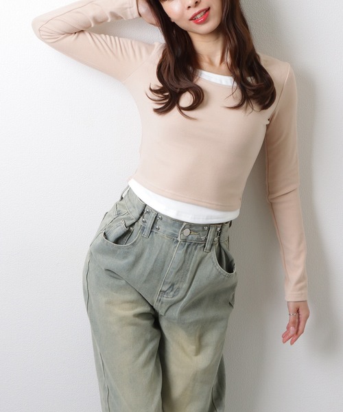 Lace Ladies（レースレディース）の「ソリッドカラー ラウンドネック ベーシック 長袖 トップス（Tシャツ/カットソー・レディース・アイボリー/ダークグレー/ベージュ/ライトグレー/ピンク/ブラウン・M/XL）」の16枚目の写真