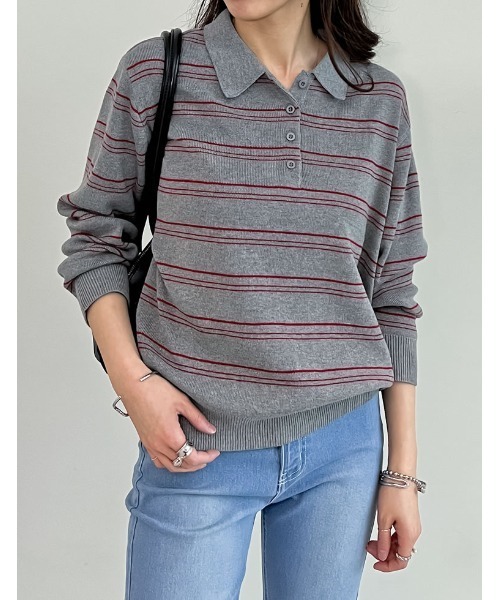 Re:EDIT（リエディ）の「無地orボーダーポロカラーリブニットトップス（ニット/セーター・レディース・ブラック/グレー/イエロー/アイボリー/グレー系/ネイビー系・MEDIUM/LARGE）」の5枚目の写真