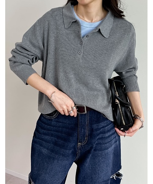 Re:EDIT（リエディ）の「無地orボーダーポロカラーリブニットトップス（ニット/セーター・レディース・ブラック/グレー/イエロー/アイボリー/グレー系/ネイビー系・MEDIUM/LARGE）」の4枚目の写真