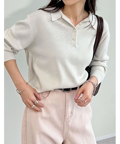 Re:EDIT（リエディ）の「無地orボーダーポロカラーリブニットトップス（ニット/セーター・レディース・ブラック/グレー/イエロー/アイボリー/グレー系/ネイビー系・MEDIUM/LARGE）」の2枚目の写真