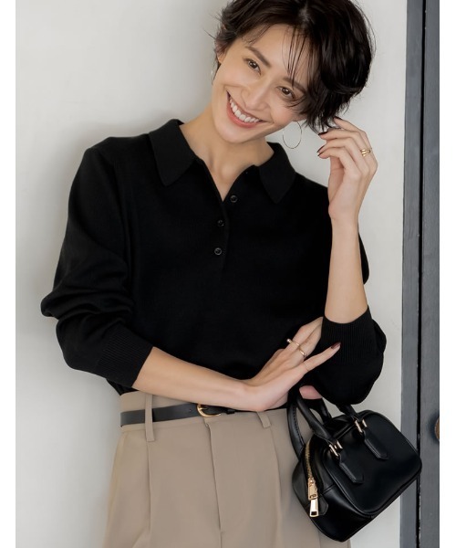 Re:EDIT（リエディ）の「無地orボーダーポロカラーリブニットトップス（ニット/セーター・レディース・ブラック/グレー/イエロー/アイボリー/グレー系/ネイビー系・MEDIUM/LARGE）」の3枚目の写真