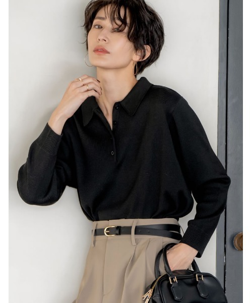 Re:EDIT（リエディ）の「無地orボーダーポロカラーリブニットトップス（ニット/セーター・レディース・ブラック/グレー/イエロー/アイボリー/グレー系/ネイビー系・MEDIUM/LARGE）」の7枚目の写真