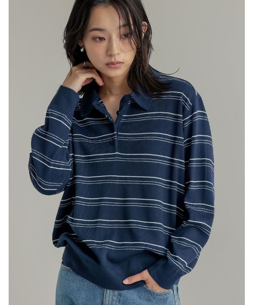 Re:EDIT（リエディ）の「無地orボーダーポロカラーリブニットトップス（ニット/セーター・レディース・ブラック/グレー/イエロー/アイボリー/グレー系/ネイビー系・MEDIUM/LARGE）」の22枚目の写真