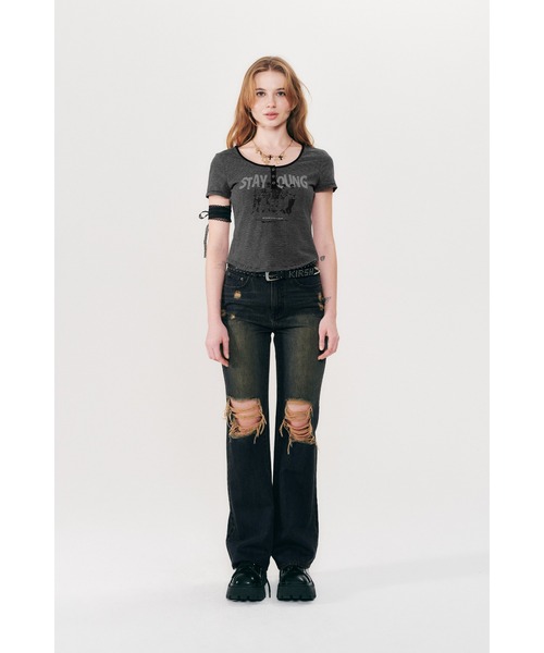 KIRSH(キルシー)の「KIRSH STRIPE SLIM FIT T-SHIRT ストライプ スリム フィット Tシャツ(Tシャツ/カットソー・レディース・ピンク/ブラック・ONE SIZE)」の3枚目の写真