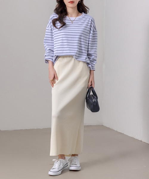 DAY CLOSET(デイ クローゼット)の「【ウエストゴム/伸縮性有】きれいめIライン 縦長シルエット リブ バックセンタースリット ナロースカート レディース(スカート・レディース・ブラック/グレイッシュベージュ/アイボリー/チャコールグレー/グレー・M/L)」の8枚目の写真