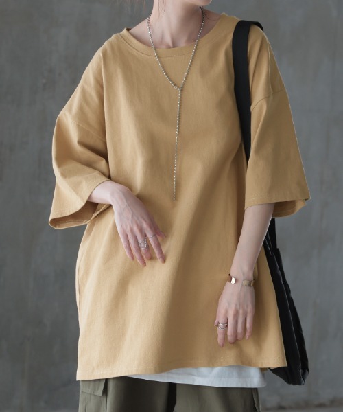HUG.U(ハグユー)の「綿100% ヘビーオンスTシャツ(Tシャツ/カットソー・レディース・ホワイト/オリーブ/ブラック/ダークグレー/ダークベージュ/セージグリーン/モカ・FREE)」の5枚目の写真