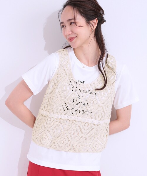 DRESKIP（ドレスキップ）の「【S-LL/2点セット】大人カジュアルに レースビスチェ+プリントTシャツ（その他トップス・レディース・オレンジ/グリーン系/ブラック/ライトベージュ・01/02/03/04）」の2枚目の写真