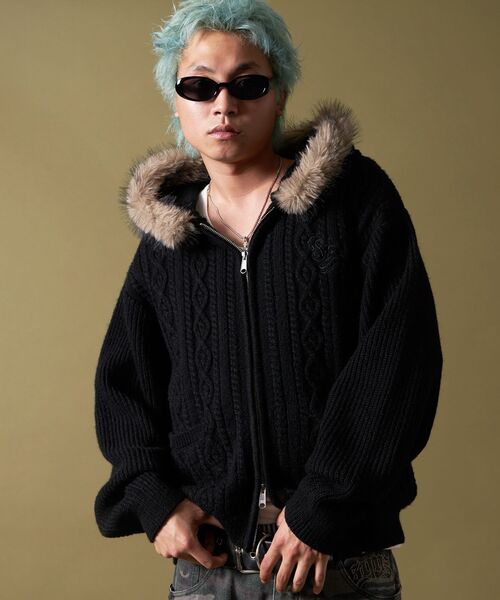 セール】【SEQUENZ（シークエンズ）】FUR CABLE KNIT ZIP-UP HOODIE