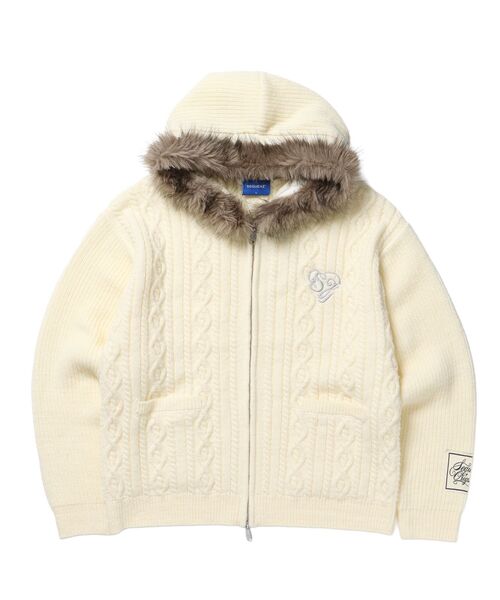 セール】【SEQUENZ（シークエンズ）】FUR CABLE KNIT ZIP-UP HOODIE