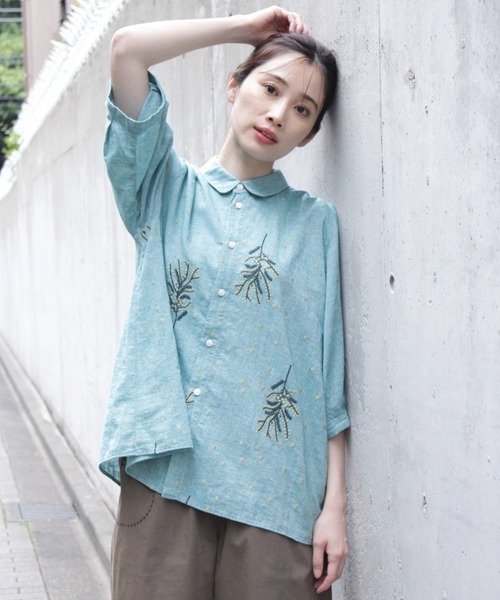 先染めシャンブレー ミモザ＆ドット刺繍コクーンスリーブブラウス 