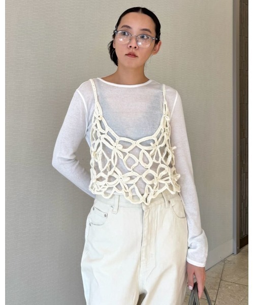 emmi（エミ）の「セミシアーフライストップス（Tシャツ/カットソー・レディース・ホワイト/イエロー/ネイビー/グレー・F）」の2枚目の写真