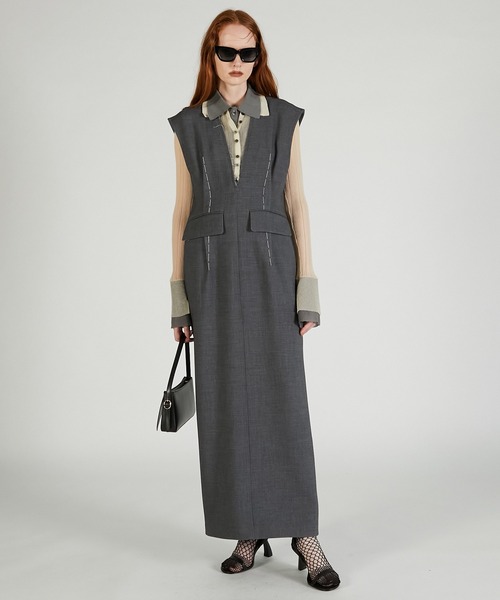 PRANK PROJECT（プランクプロジェクト）の「ハンドステッチディープVドレス / Hand-stitched Deep V-neck Dress（ワンピース・レディース・ブラック/グレー・36/38）」の4枚目の写真