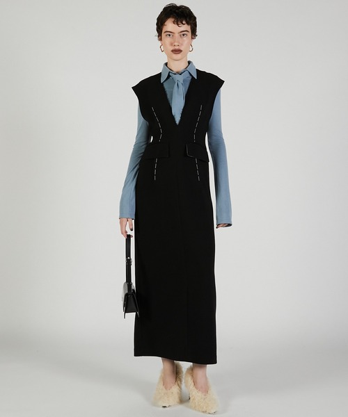 PRANK PROJECT（プランクプロジェクト）の「ハンドステッチディープVドレス / Hand-stitched Deep V-neck Dress（ワンピース・レディース・ブラック/グレー・36/38）」の7枚目の写真