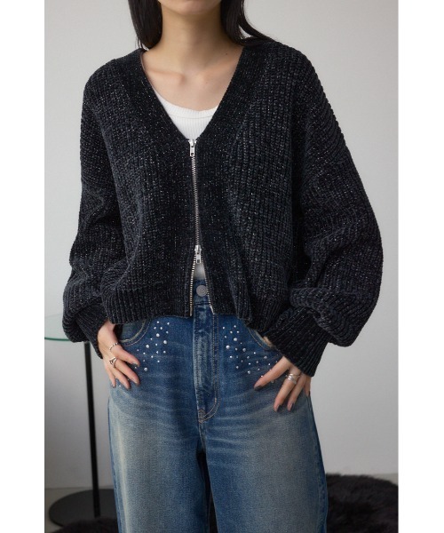 AZUL by moussy（アズールバイマウジー）の「WZIPベロアラメモールカーデ（カーディガン/ボレロ・レディース・アイボリー/ブラック/チャコールグレー・FREE）」の16枚目の写真