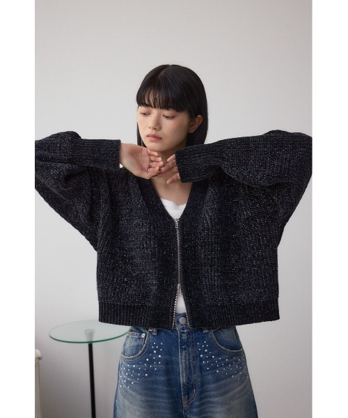 AZUL by moussy（アズールバイマウジー）の「WZIPベロアラメモールカーデ（カーディガン/ボレロ・レディース・アイボリー/ブラック/チャコールグレー・FREE）」の18枚目の写真