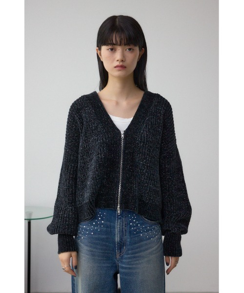AZUL by moussy（アズールバイマウジー）の「WZIPベロアラメモールカーデ（カーディガン/ボレロ・レディース・アイボリー/ブラック/チャコールグレー・FREE）」の20枚目の写真