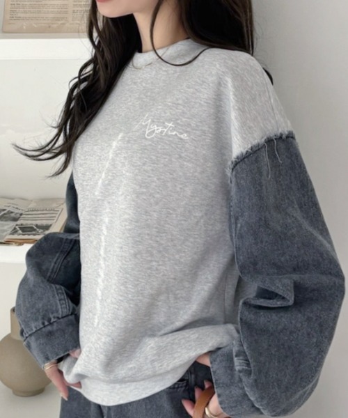 A.D.C.L.（エーディーシーエル）の「袖デニム切替 プリント スウェットプルオーバー（スウェット・レディース・ブラック/ブルー・M/L）」の5枚目の写真