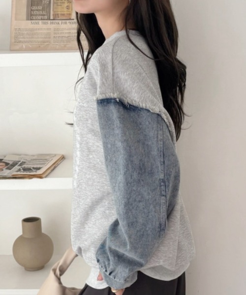 A.D.C.L.（エーディーシーエル）の「袖デニム切替 プリント スウェットプルオーバー（スウェット・レディース・ブラック/ブルー・M/L）」の12枚目の写真