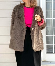 Q | ノーカラーシャギーコート(ノーカラーコート)