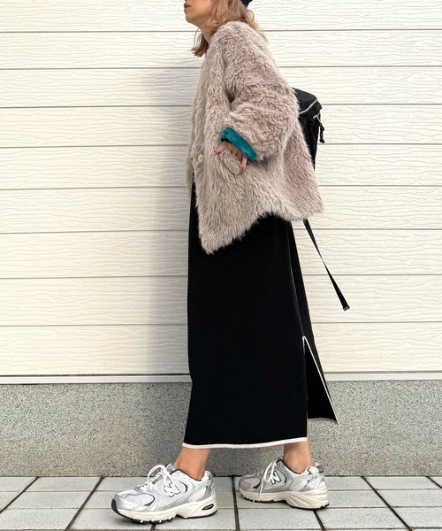 Q（キュー）の「ノーカラーシャギーコート（ノーカラーコート・レディース・カーキ/グレイッシュベージュ・MEDIUM）」の3枚目の写真