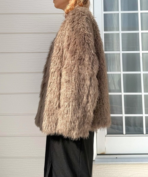 セール】ノーカラーシャギーコート（ノーカラーコート）｜Q（キュー