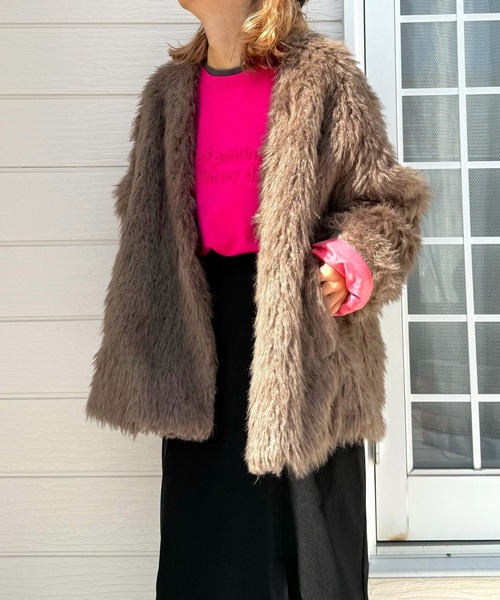 セール】ノーカラーシャギーコート（ノーカラーコート）｜Q（キュー