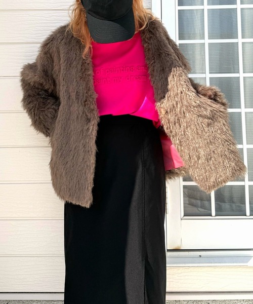 Q（キュー）の「ノーカラーシャギーコート（ノーカラーコート・レディース・カーキ/グレイッシュベージュ・MEDIUM）」の14枚目の写真