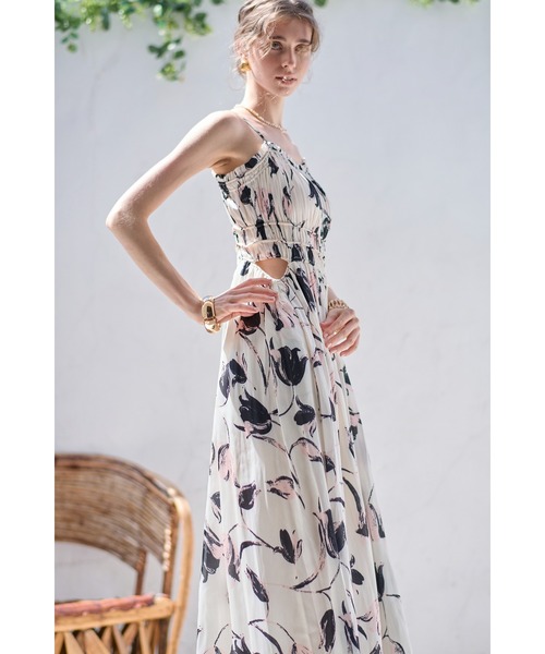 45R コットンキュプラサテンプリントワンピース Julia Satin print Long Dress シャーリングサテンプリントドレス