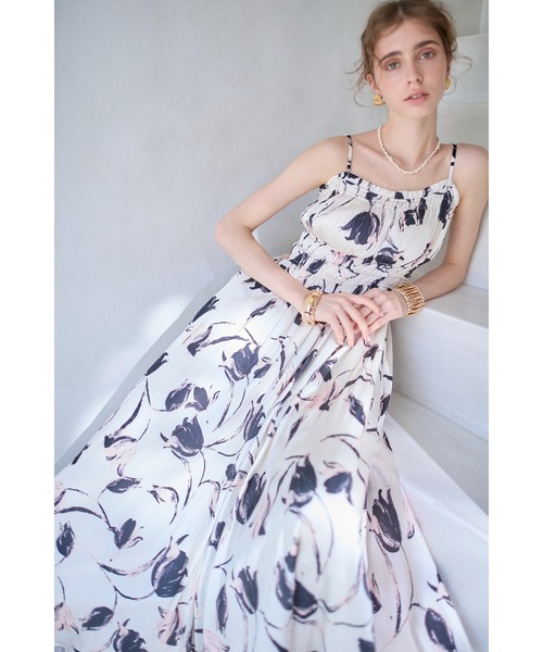 Julia Satin print Long Dress シャーリングサテンプリントドレス