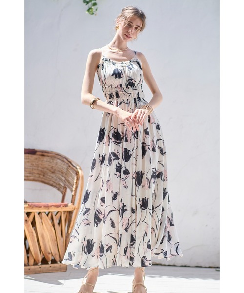 Julia Satin print Long Dress シャーリングサテンプリントドレス
