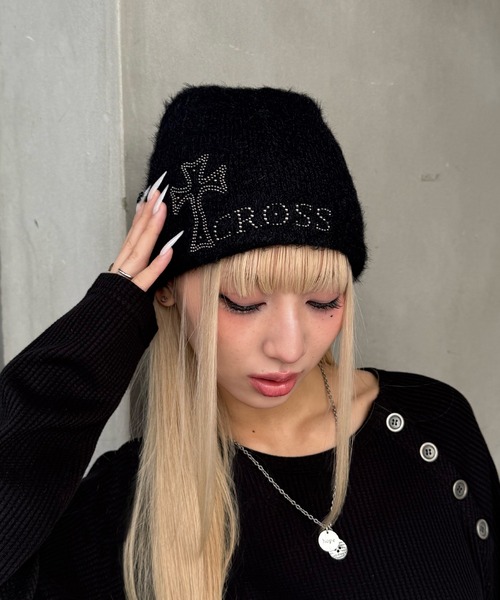 Figments（フィグメンツ）の「クロススタッズニットキャップ（ニットキャップ/ビーニー・レディース・ブラック/グレー・FREE）」の4枚目の写真
