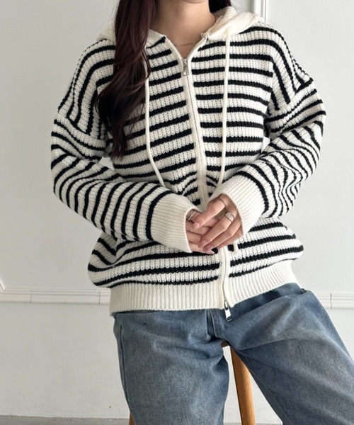 wears(ウェアーズ)の「ボーダー柄ジップニットパーカーー(カーディガン/ボレロ・レディース・グレー/アイボリー・FREE)」の16枚目の写真