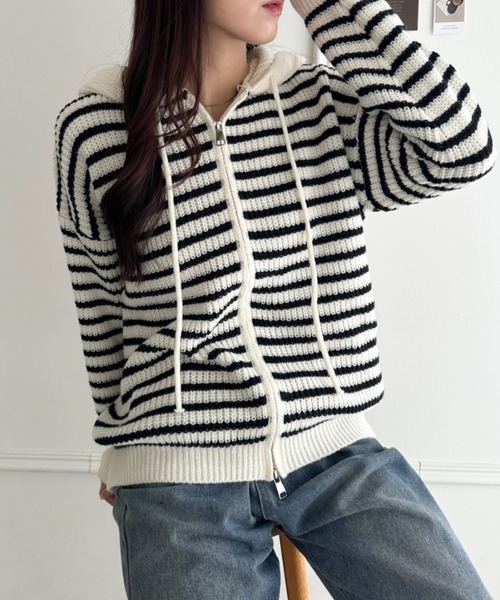 wears(ウェアーズ)の「ボーダー柄ジップニットパーカーー(カーディガン/ボレロ・レディース・グレー/アイボリー・FREE)」の17枚目の写真